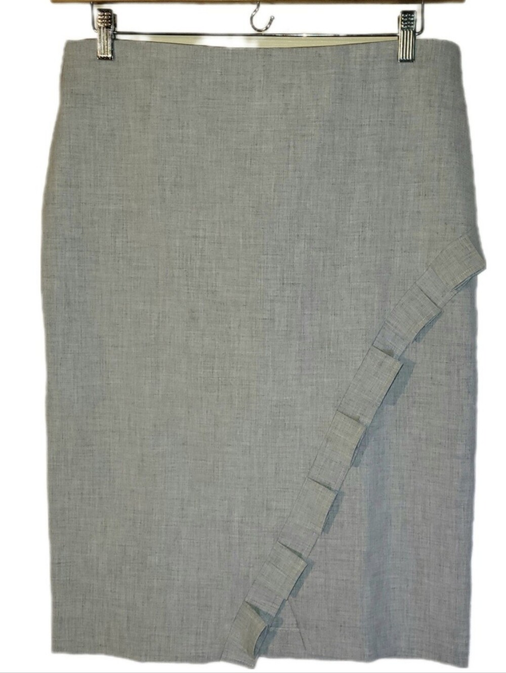 Violets & Roses Sz 12 Stitch Fix Lola Ruffle Detail Midi Skirt Gray Mock Wrap